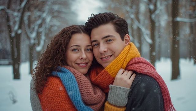 Romantic Couple Embracing in Winter Wonderland