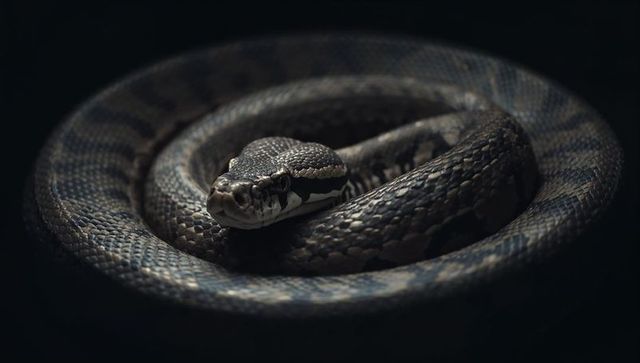 Coiled ball python resting in low light showing textured scales and intense gaze
