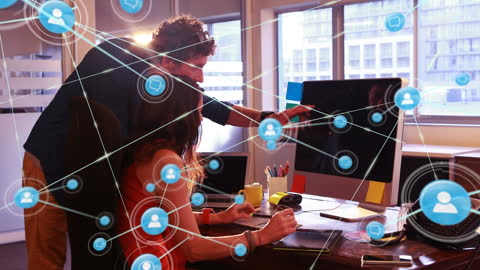 Business Colleagues Collaborating with Digital Network Interface Overlay