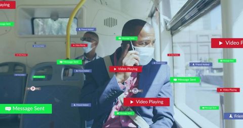 Commuter on bus engaging with augmented reality technology