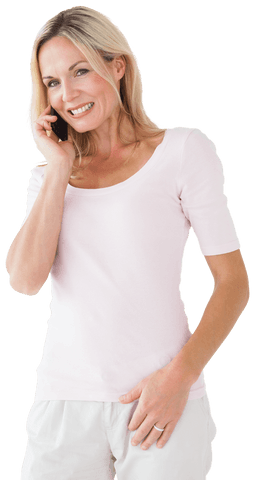 Transparent visage of smiling blonde woman on phone call