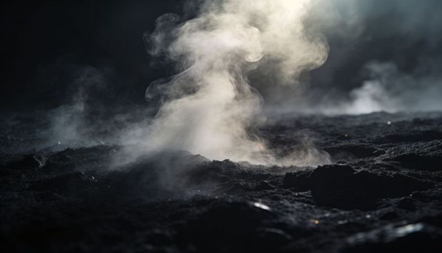 Backlit volcanic steam plume rising from dark ash plain with glowing ember specks, dramatic fumarole