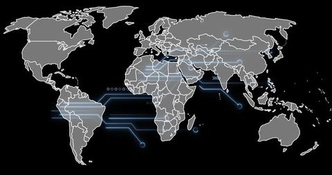 Global Digital Network Map Connecting Continents with Neon Circuit Lines and Nodes