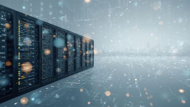 Futuristic Data Center with Blinking Server Racks and Digital Code