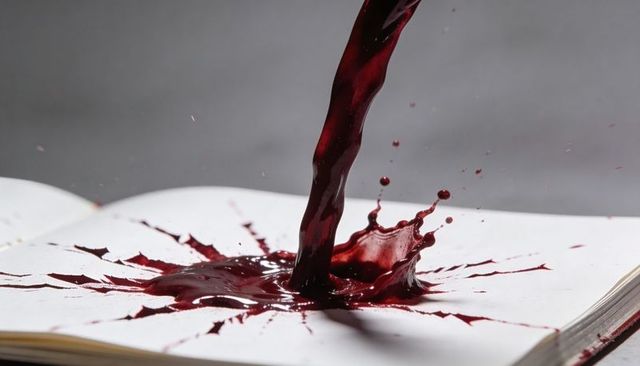 Crimson liquid pouring and splashing on open notebook creating dramatic ink explosion