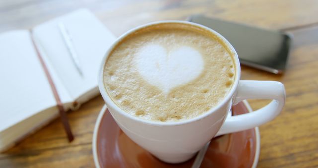 A cup of coffee with a heart-shaped foam sits on a wooden table. Notebooks and a smartphone accompany the beverage, suggesting a study or work session at a cafe.