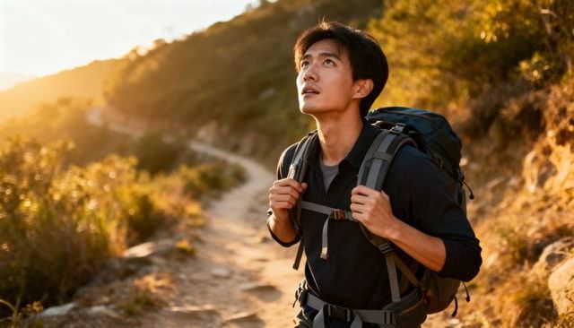 Asian hiker gazing toward horizon at golden sunset on rugged mountain trail with backpack