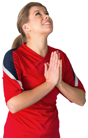 Excited Female Soccer Fan in Red Jersey Transparent Background