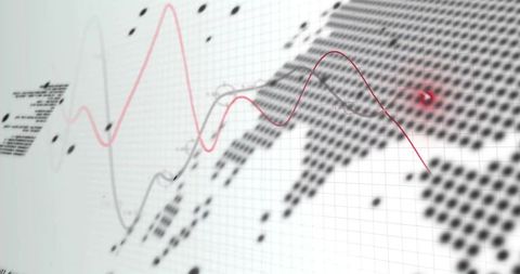Red zigzag waveform over data codes and map grid on futuristic screen