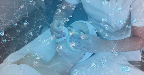 Esthetician applying facial gauze with cryptocurrency network overlay at spa