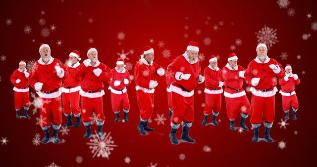 Group of santa claus dancing on red background 4k