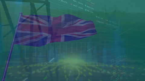 UK Flag with Energy Data and Electricity Pole Concept