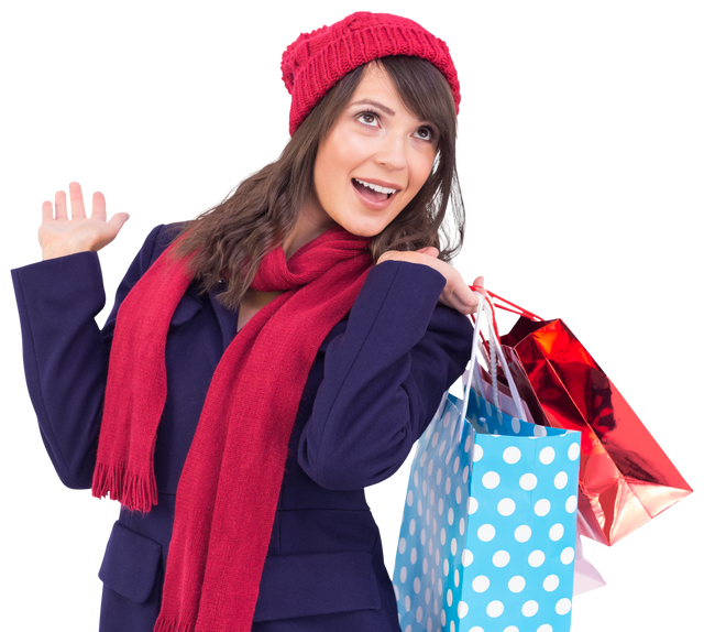 Smiling Brunette with Shopping Bags Wearing Winter Clothes on Transparent Background - Download Free Stock Videos Pikwizard.com