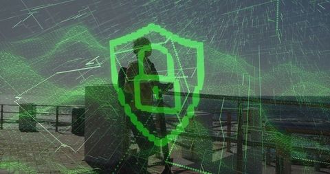 Man leaning on promenade railing with digital lock overlay