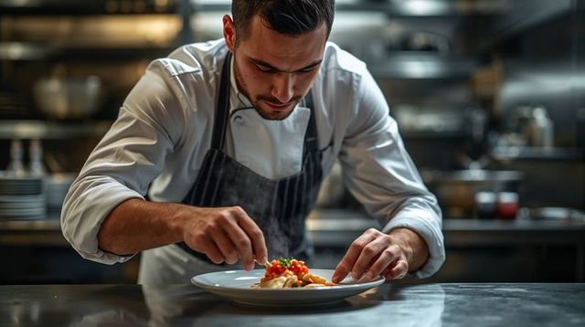 Chef plating gourmet dish in kitchen leaning over counter closeup culinary craftsmanship