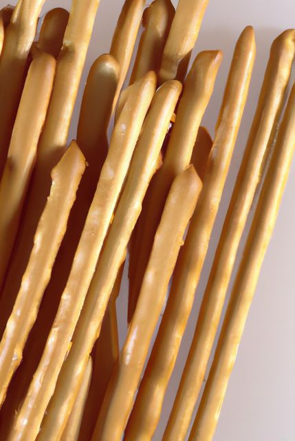 Close-up image of salted pretzel sticks stacked on a white surface. These crunchy and golden-colored snacks showcase their texture and shape, making them ideal for use in food blogs, advertisements for snack products, or packaging designs. Perfect for illustrating concepts related to snack foods, gatherings, or casual eating.