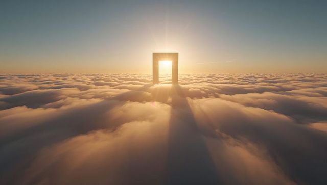 Sunlit portal monolith rising above cloud sea casting golden rays over ethereal horizon