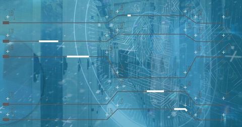 Futuristic digital interface with circuit traces and data blocks