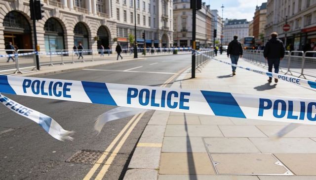 Blocking city street with police cordon and crowd-control barriers in historic district