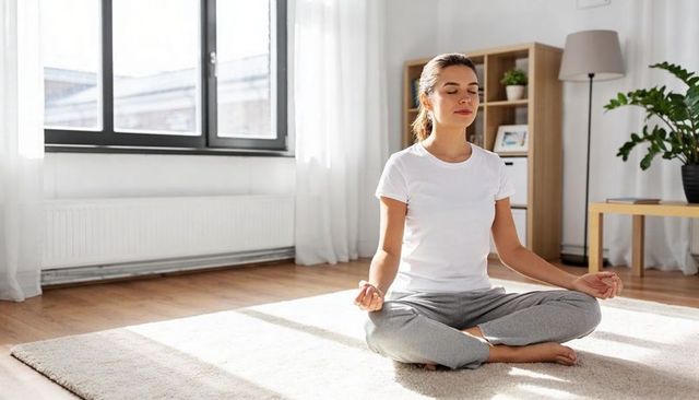 Young woman meditating on rug in sunlit living room for mindfulness and relaxation