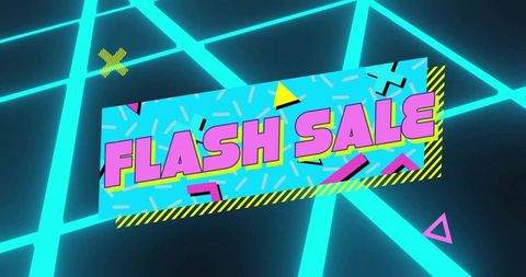 Retro neon flash sale banner tilting on glowing cyan grid with memphis shapes