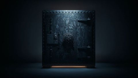 Massive industrial vault door with central combination wheel and riveted steel frame