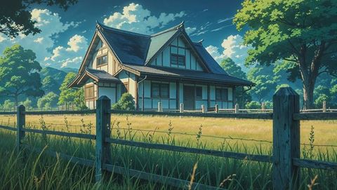 Traditional japanese anime timber-framed house in rural countryside