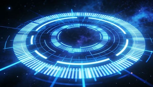 Rotating Cyan Holographic HUD Interface with Concentric Rings and Futuristic Radial Display