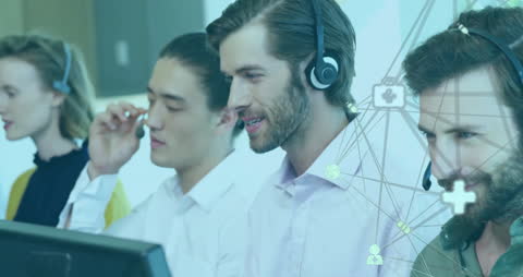 Diverse Business Call Center Team with Digital Network Overlay