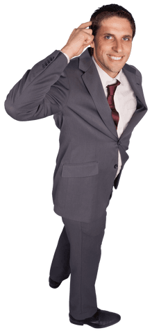 Caucasian Businessman in Gray Suit Thinking on Transparent Background