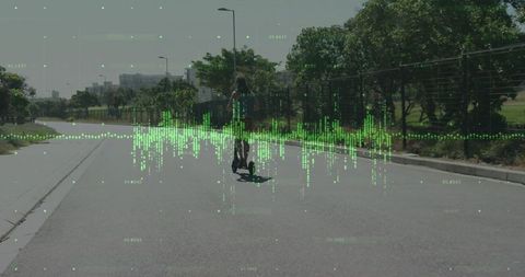 Woman Riding E-Scooter on Urban Path with Digital Energy Overlay