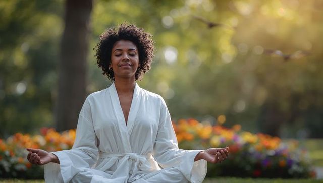 Sunlit outdoor meditation: woman in white robe practicing mindfulness during golden hour