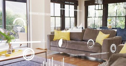 Smart Living Room HUD Display Featuring Mid-Gray Sofa with Yellow Pillows and Sunny Terrace View