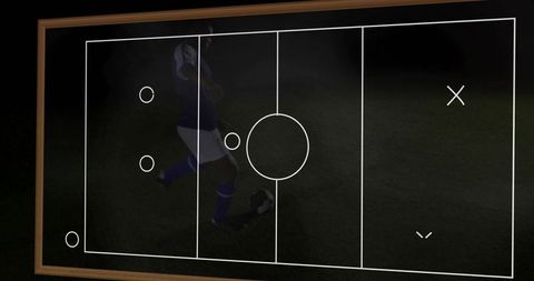 Kicking soccer player over tactical chalkboard pitch overlay, coaching strategy visual