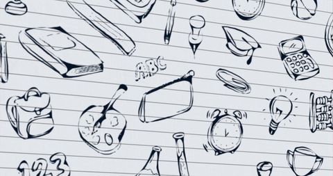 Creative doodle sketches of school supplies on lined paper