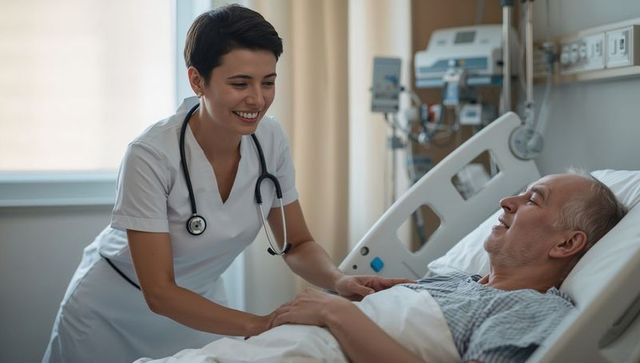 Caring Nurse Comforts Senior Patient in Hospital Room