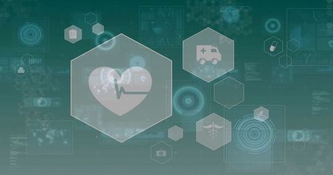 Digital healthcare dashboard showing heartbeat ecg holographic ui with ambulance and caduceus