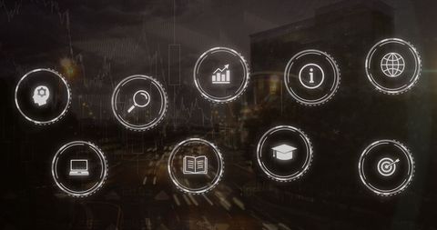Digital Icons Over Cityscape Representing Technology and Business Concepts - Download Free Stock Images Pikwizard.com