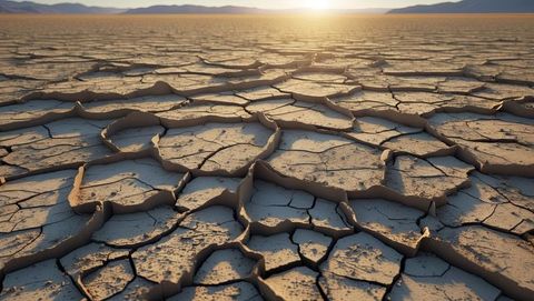 Scorched desert earth at sunrise with cracked mud flats in drought