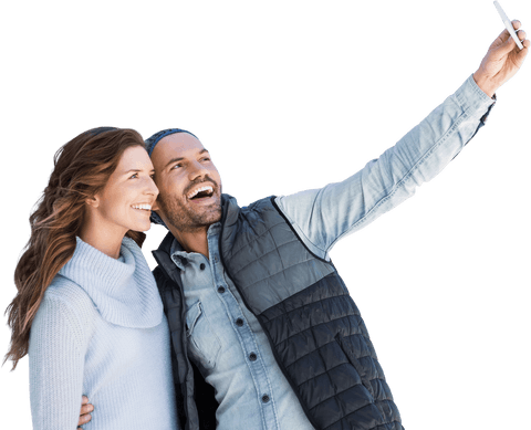 Transparent Happy Couple Taking Selfie with Mobile Phone Outdoors
