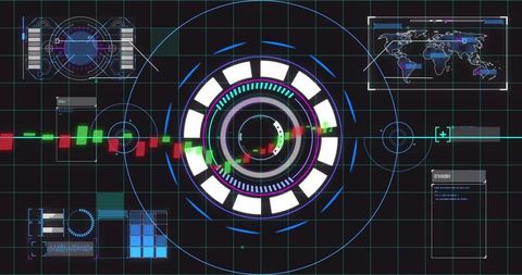 Futuristic HUD with Concentric Holographic Rings, Neon Grid and Red-Green Candlestick Bars
