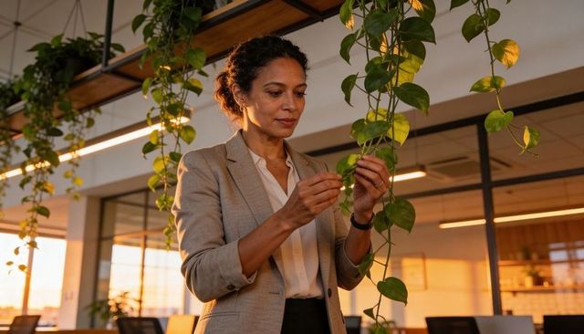 Tending hanging pothos vine in modern open-plan office during golden hour light
