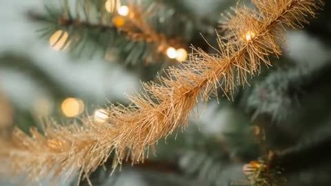 Sliding gold tinsel garland along evergreen branch with warm bokeh lights closeup
