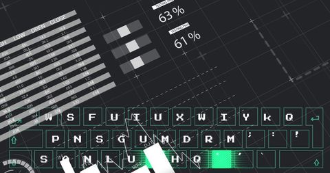 Digital interface displaying data analysis and virtual keyboard