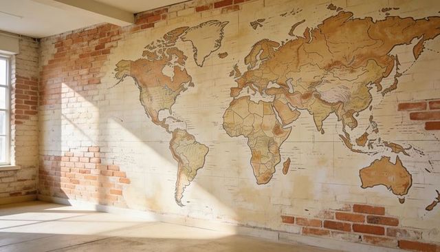 Vintage world map mural on weathered brick wall in sunlit loft, window casting angled light