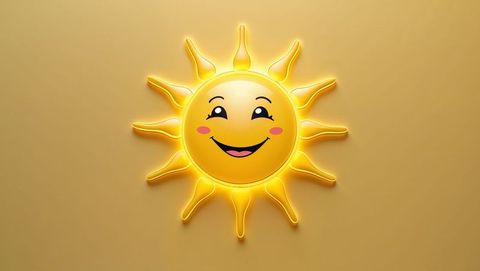 Cheerful happy sun icon with radiant glow on yellow
