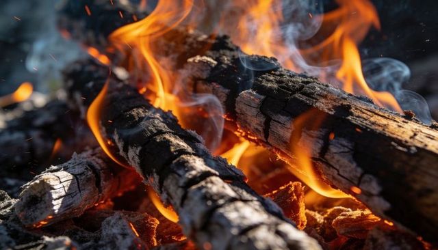 Crackling charred logs glowing on ember bed with flickering flames and sparks