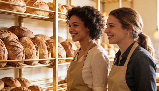 Smiling bakers arranging artisan bread on racks in warm bakery interior