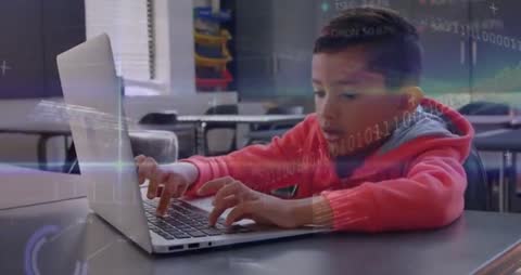 Elementary Student Typing Code on Laptop with Binary Data Overlay in Classroom Video Clip