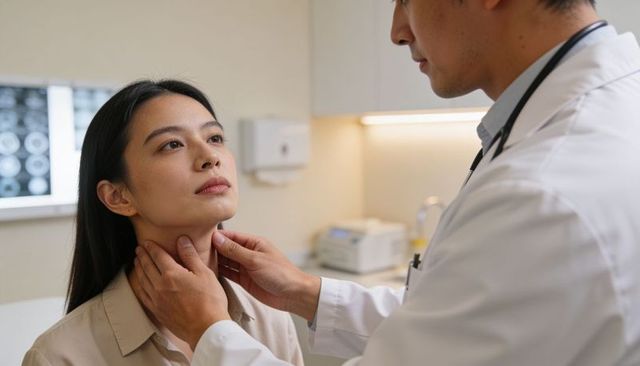 Doctor palpating patient's neck during thyroid examination in clinic consultation